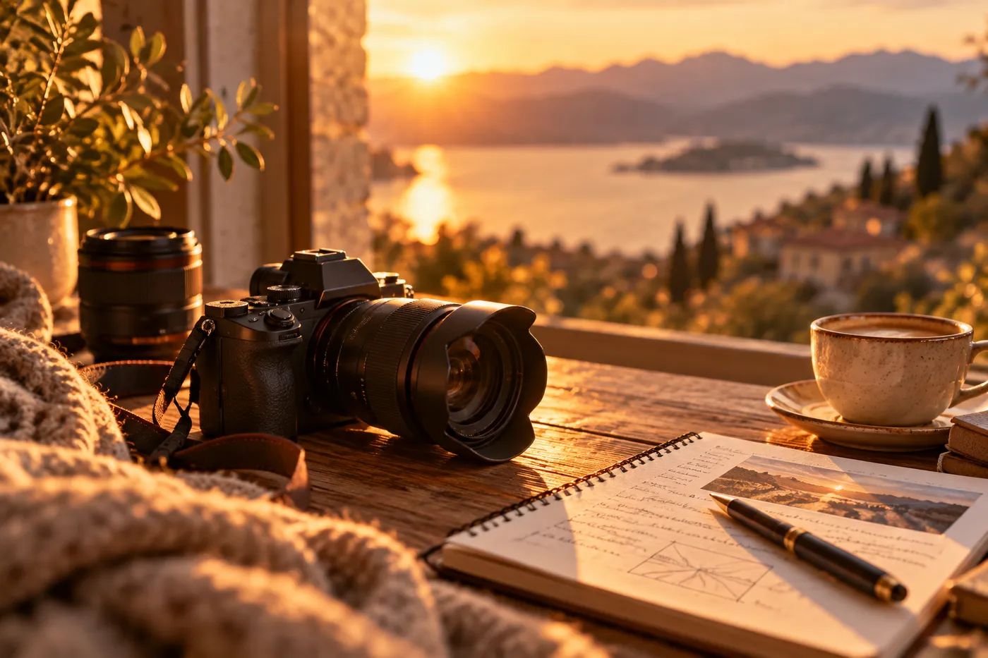 Cámara, objetivo, cuaderno y café junto a una ventana al atardecer