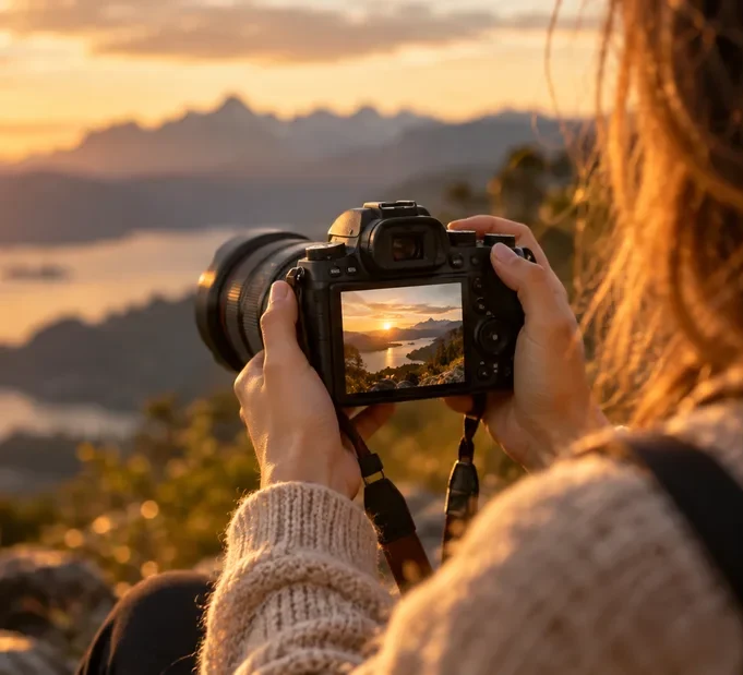 Manos sosteniendo una cámara frente a un lago al atardecer